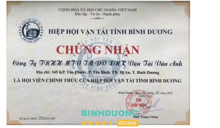 Công ty TNHH Vận Tải Vân Anh tại Bình Dương